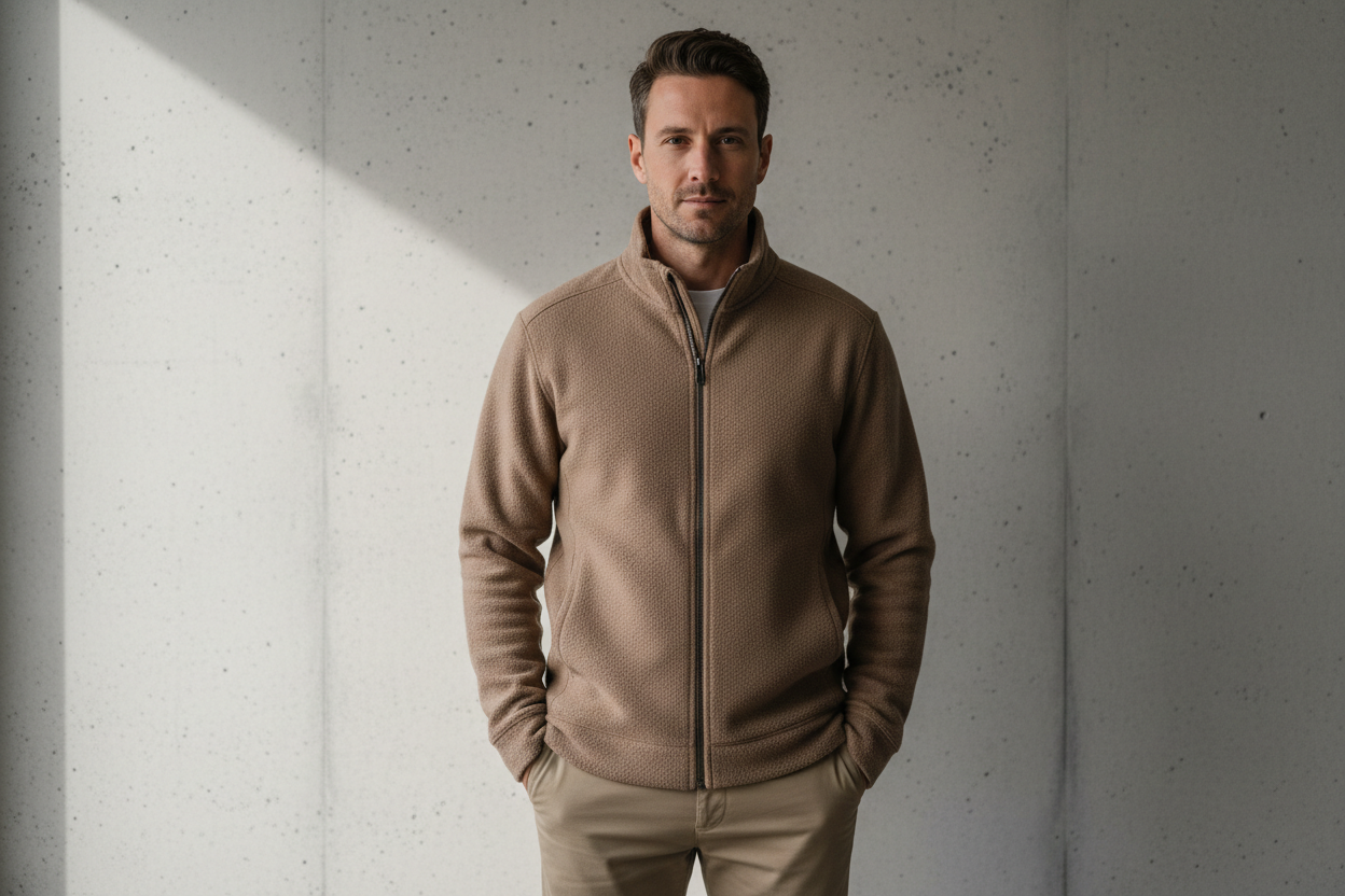 Man wearing Mavi fullzip sweatshirt Shitake