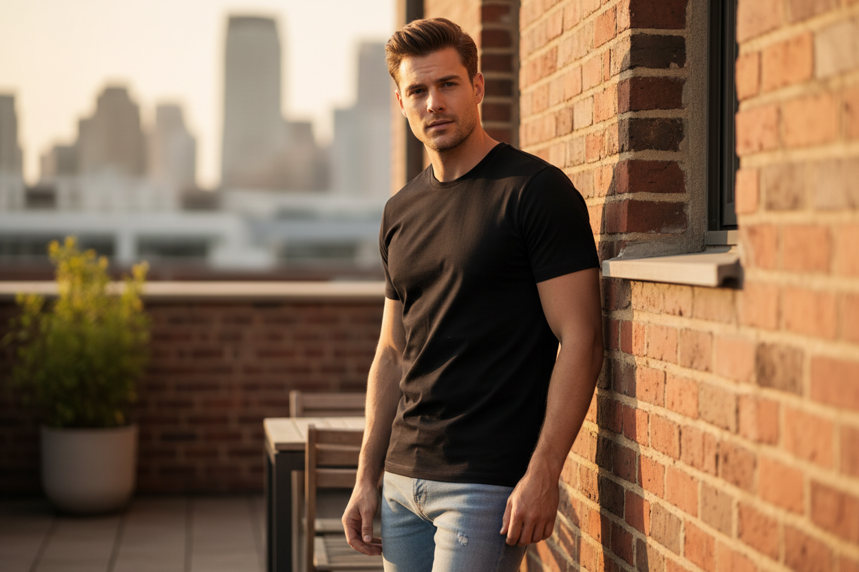 Mavi Basic Crew Neck Tee Black with a guy wearing it