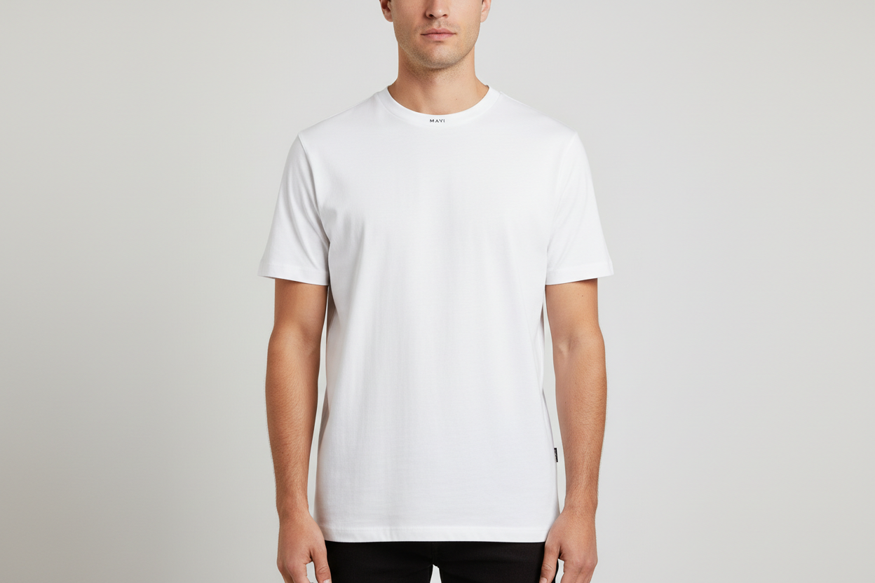 Mavi Basic Crew Neck Tee White with man wearing it